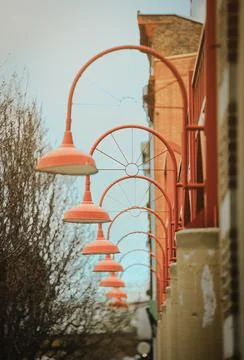 A linear perspective of red street lights Stock Photos