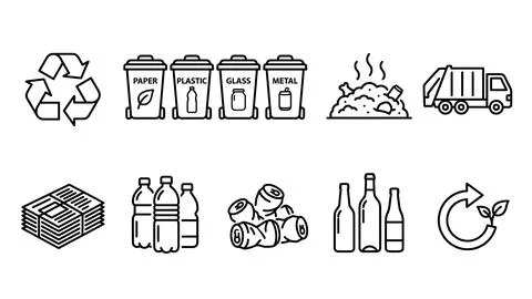 Linear recycling and garbage sorting icon collection. Stock Illustration