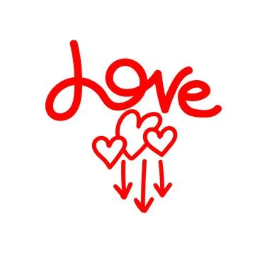 Linear red doodle arrow to down with heart and Lettering handwriting Love. Po Stock Illustration