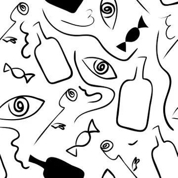 Linear seamless black-white pattern in surrealism style. Stock Illustration