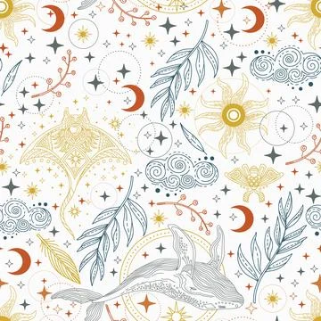Linear seamless pattern with celestial animals vector Illustration Stock Illustration