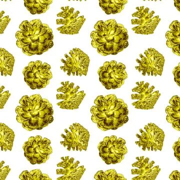 Linear seamless pattern of golden pine cones Stock Photos