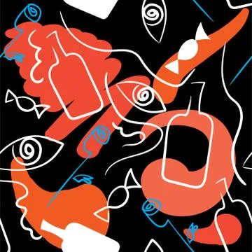 Linear seamless pattern in surrealism style on a vlack background. Stock Illustration