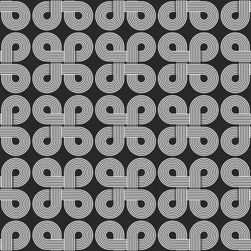 Linear seamless pattern, twisted parallel circles thin line ornament, black a Illustrazione stock