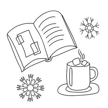 Linear set. Ccup of Chocolate with Marshmallows, open book and  snowflakes. W Stock Illustration