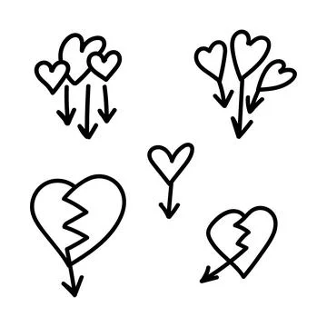 Linear set doodle icon love arrow with hearts and broken hearts. Love pointer Stock Illustration
