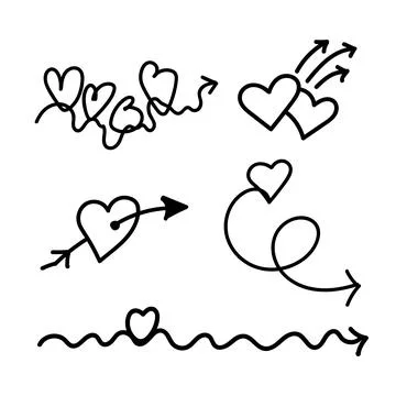 Linear set doodle icon love arrow with hearts. Love pointer, trajectory, like Stock Illustration