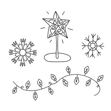Linear set. Doodle light bulbs, home decoration star and snowflakes. Winter H Stock Illustration