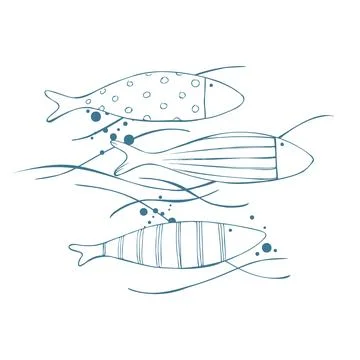 Linear shoal with fish slim waves and dotted spray, minimal and elegant marine Stock Illustration