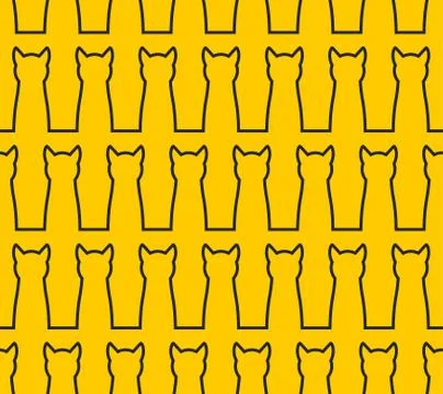 Linear Silhouette cat seamless pattern. Background of  pet. Black cats on yel 스톡 일러스트