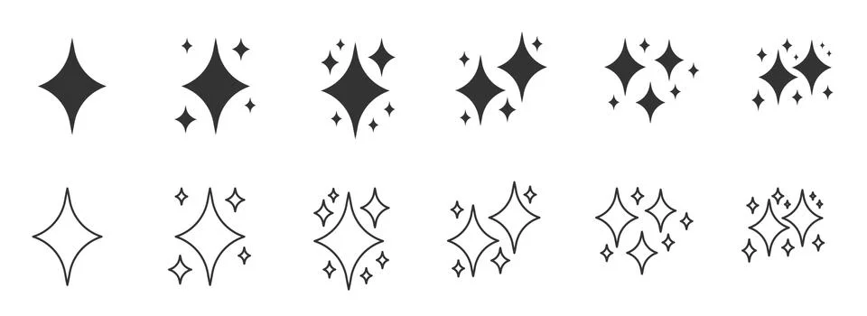 Linear silhouette sparkles star twinkle vector set Stock Illustration