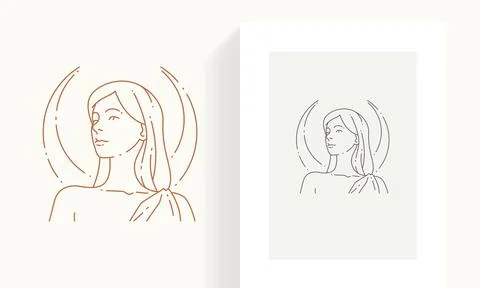 Linear simple hand drawn medieval goddess woman with half moon frame icon set Stockillustratie