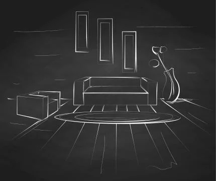 Linear sketch of an interior. Chalk on a chalkboard. Room plan. Stock Illustration