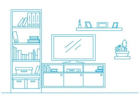 Linear sketch of the interior drawn by a blue pen. Stock Illustration