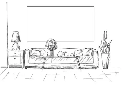 Linear sketch of an interior. Frame on the wall for Fitting Your information. Stock Illustration