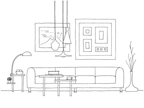 Linear sketch of an interior. Hand drawn vector illustration Illustrazione stock