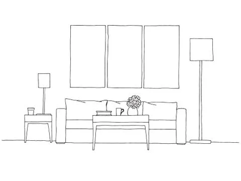 Linear sketch of an interior. Hand drawn vector illustration Stock Illustration