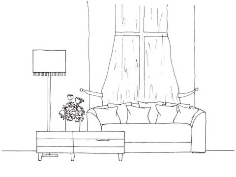 Linear sketch of an interior. Hand drawn vector illustration Stock Illustration