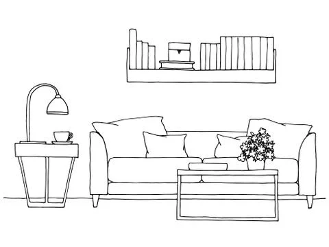 Linear sketch of an interior. Hand drawn vector illustration Stock Illustration