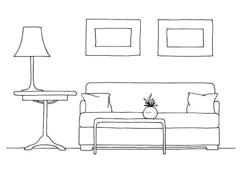 Linear sketch of an interior. Hand drawn vector illustration of a sketch styl Stock Illustration