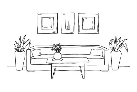 Linear sketch of an interior. Hand drawn vector illustration Stock Illustration