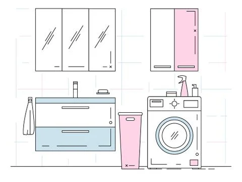 Linear sketch of an interior. Part of the bathroom. Vector Stock Illustration