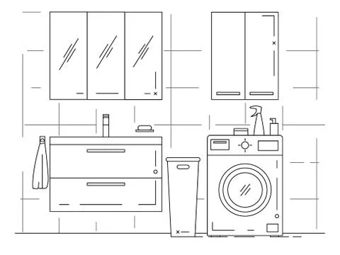 Linear sketch of an interior. Part of the bathroom. Vector Stock Illustration