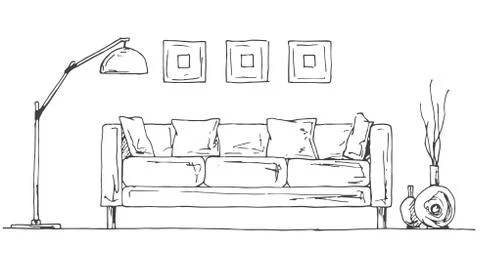 Linear sketch of the interior. Part of the room. Stock Illustration