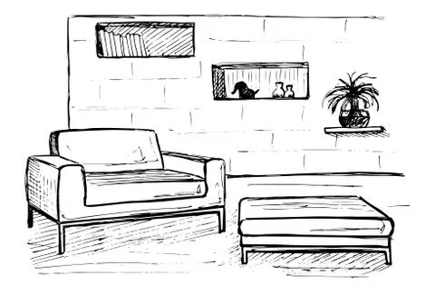 Linear sketch of an interior. Room plan. Vector illustration Stock Illustration