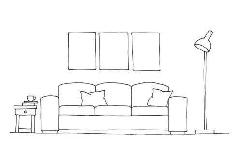 Linear sketch of an interior. Room plan. Vector illustration. Stock Illustration