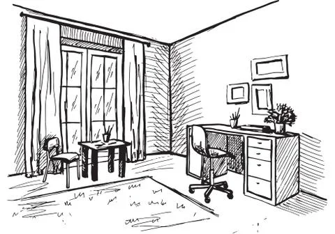 Linear sketch of an interior. Room plan. Vector illustration. 스톡 일러스트