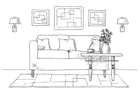 Linear sketch of an interior. Sofa, table, lamp, flower and picture. Stock Illustration