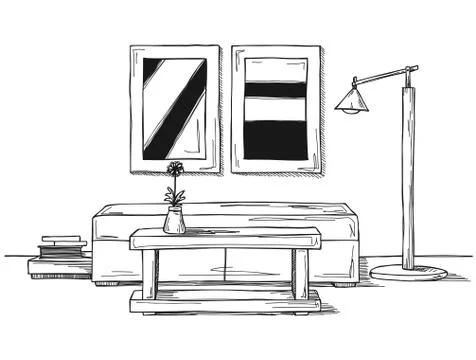 Linear sketch of an interior. Sofa, table, lamp and picture.Hand drawn vector Illustrazione stock