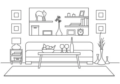 Linear sketch of interior. Table with glasses and bottle in front of the sofa Stock Illustration