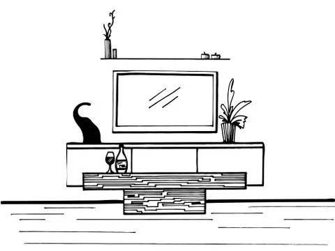 Linear sketch of the interior. TV, TV table, table and decor. Stock Illustration
