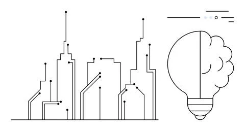 Linear Smart City Skyline with Technological Connections and Innovative Lig.. Stock Illustration