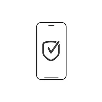 Linear Smartphone, mobile phone with security shield icon with check mark Stock Illustration