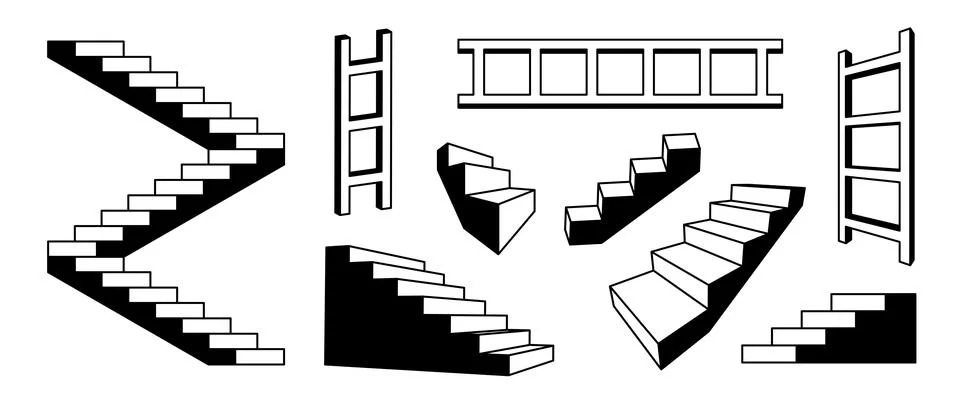 Linear stairs and ladders set. Black white surreal geometric element collection Stock Illustration
