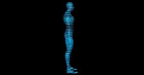 Linear, stripped glowing 3d man, rendered as 3d contour slices. Side view. Stock Illustration