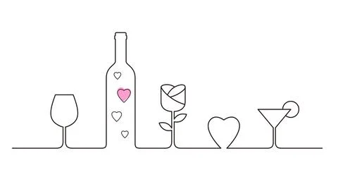 Linear style design for Valentines Day with wine glasses, rose and heart shap Stock Illustration