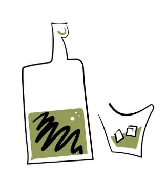 Linear stylized whiskey bottle and glass. Stock Illustration