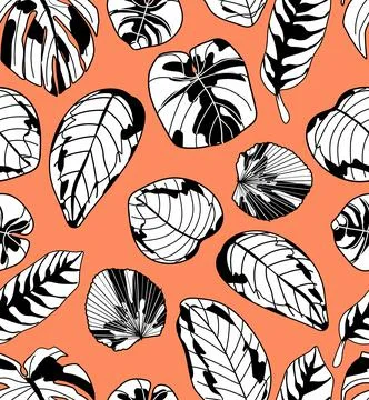 Linear tropical seamless pattern. Tropical leaves on red background Stock Illustration