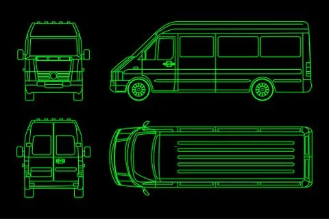 Linear truck pattern on a dark background. View from side, back, front. Vector 스톡 일러스트