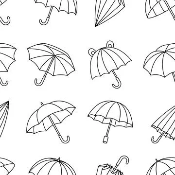 Linear umbrella pattern with different parasol shapes, seamless black outline Stock Illustration