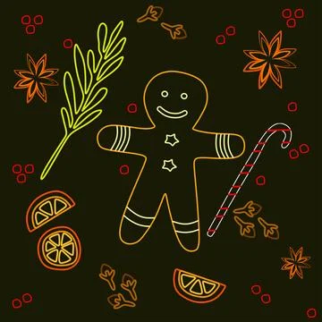 Linear Vector drawing of popular bakery spices, Gingerbread man, orange isola Stock Illustration