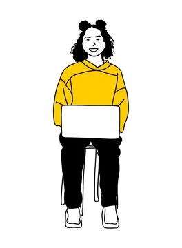Linear vector drawing of young girl with laptop. Stock Illustration