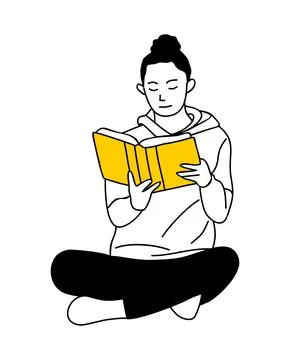 Linear vector drawing of young girl reading book. Stock Illustration