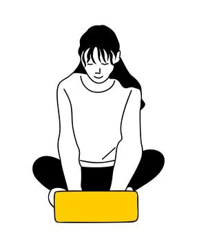 Linear vector drawing of young girl with laptop. Stock Illustration