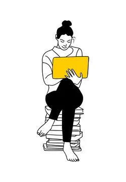 Linear vector drawing of young girl with laptop. Illustrazione stock