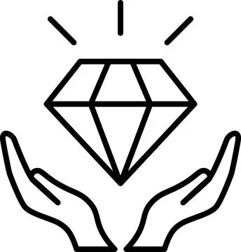 Linear vector icon of a diamond in the hands as a company main values Foto stock